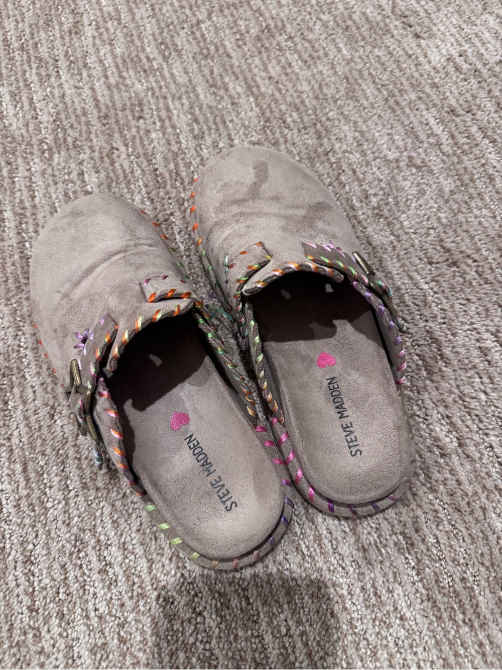 Steve Madden Kids Taupe Suede Slip-On Clogs with Multicolor Stitching